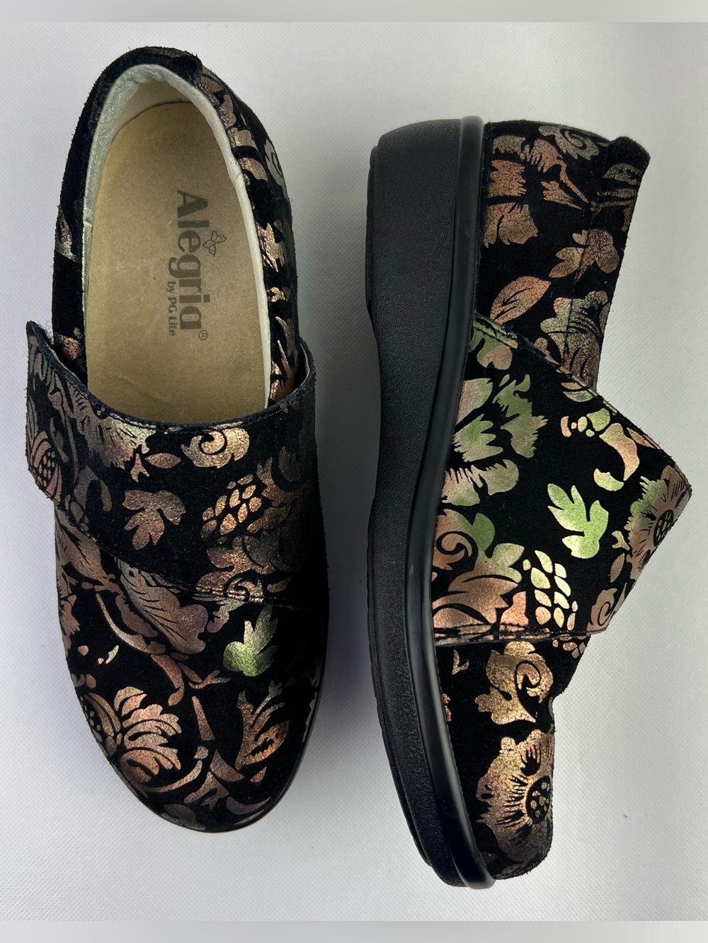 Alegria Lauryn Women Black Bronze Green Floral Clog Loafer Size 39W
